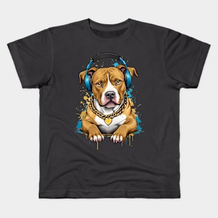 Funny Pitbull With Headphones Color Splash Design Kids T-Shirt